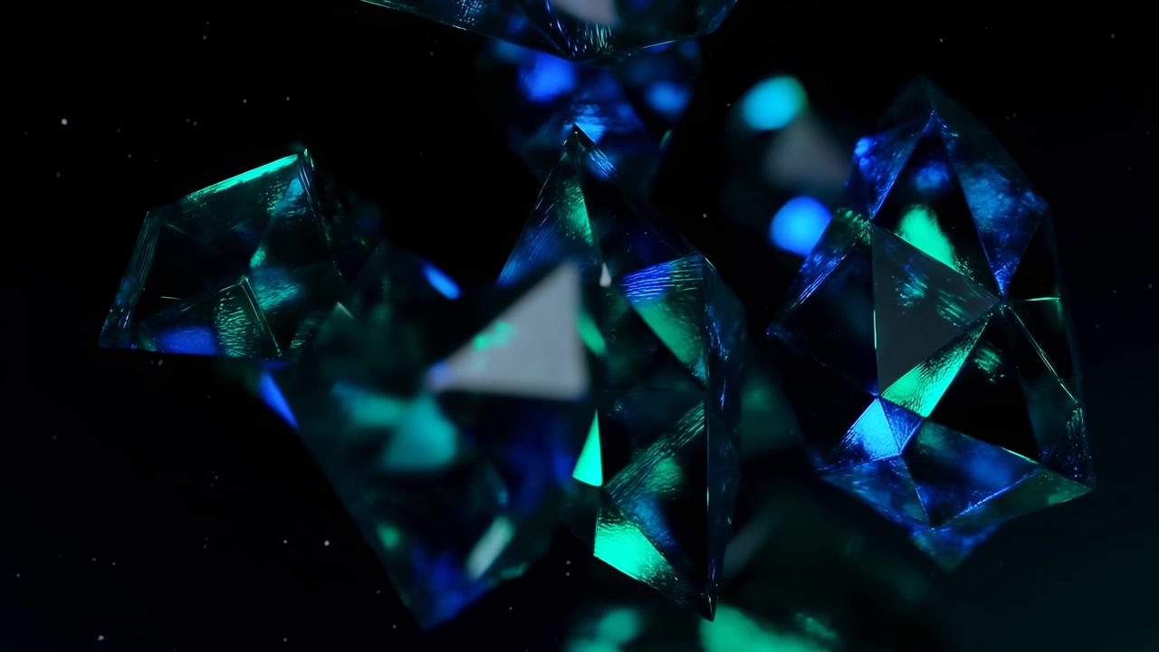 Scena astratta scura con forme cristalline fluttuanti e superfici riflettenti affilate illuminate da luce blu e verde, centrate su un nero profondo