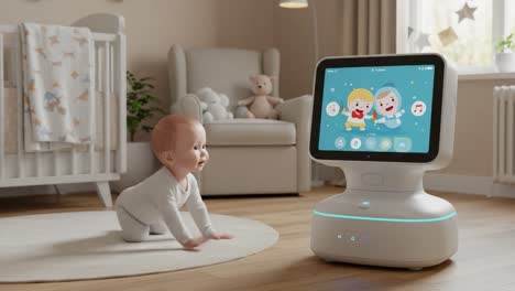 adorable interaction between a baby and a playful robot with engaging screen content in a cozy nursery setting