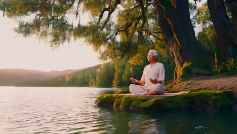 elderly woman meditating by a lake at sunset