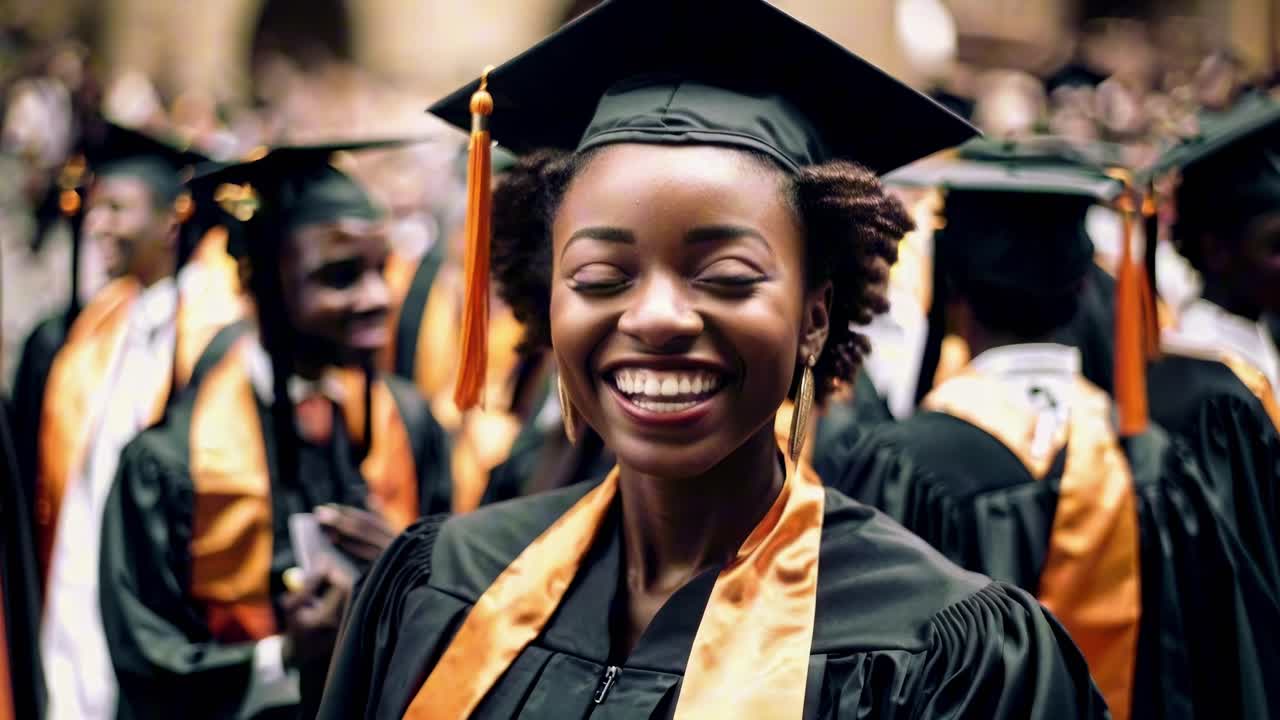 Close-up shot of a smiling graduate in cap and gown, surrounded by peers