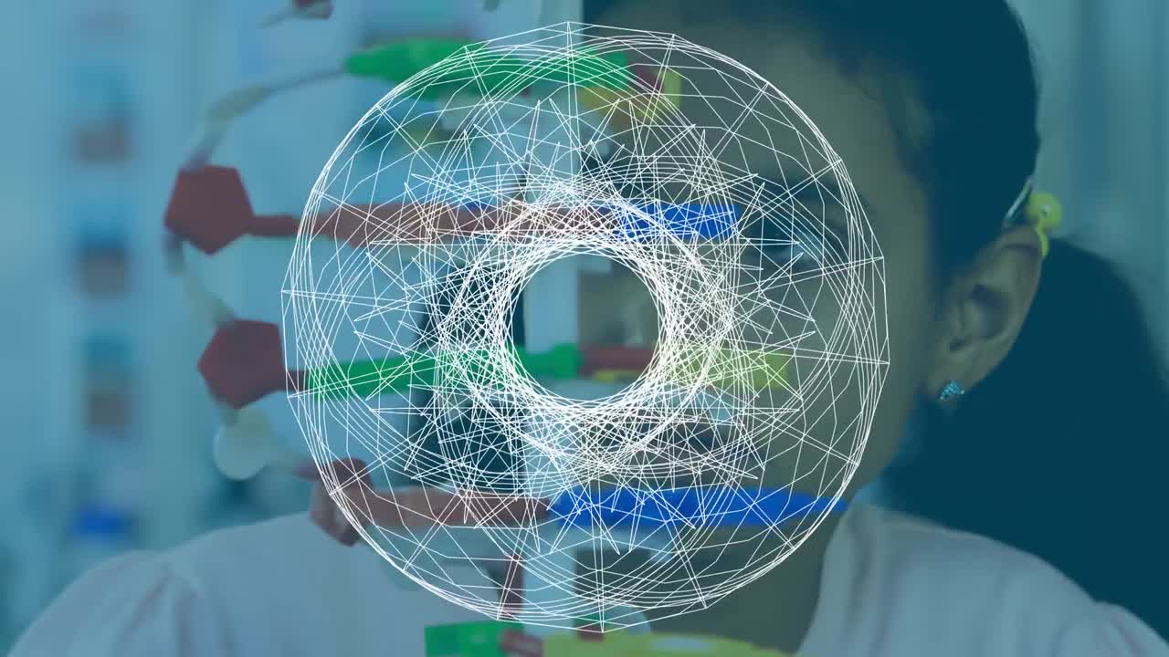 animación de formas en movimiento sobre colegiala biracial con modelo