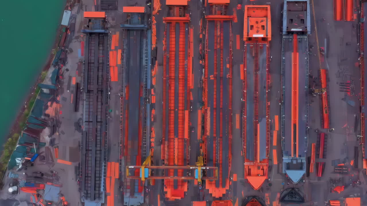 Industrial factory real shot of Shipbuilding and ship repair yard. Shipyard contains many cranes, dry docks, slipways, warehouses, painting facilities and large areas for fabrication of ships