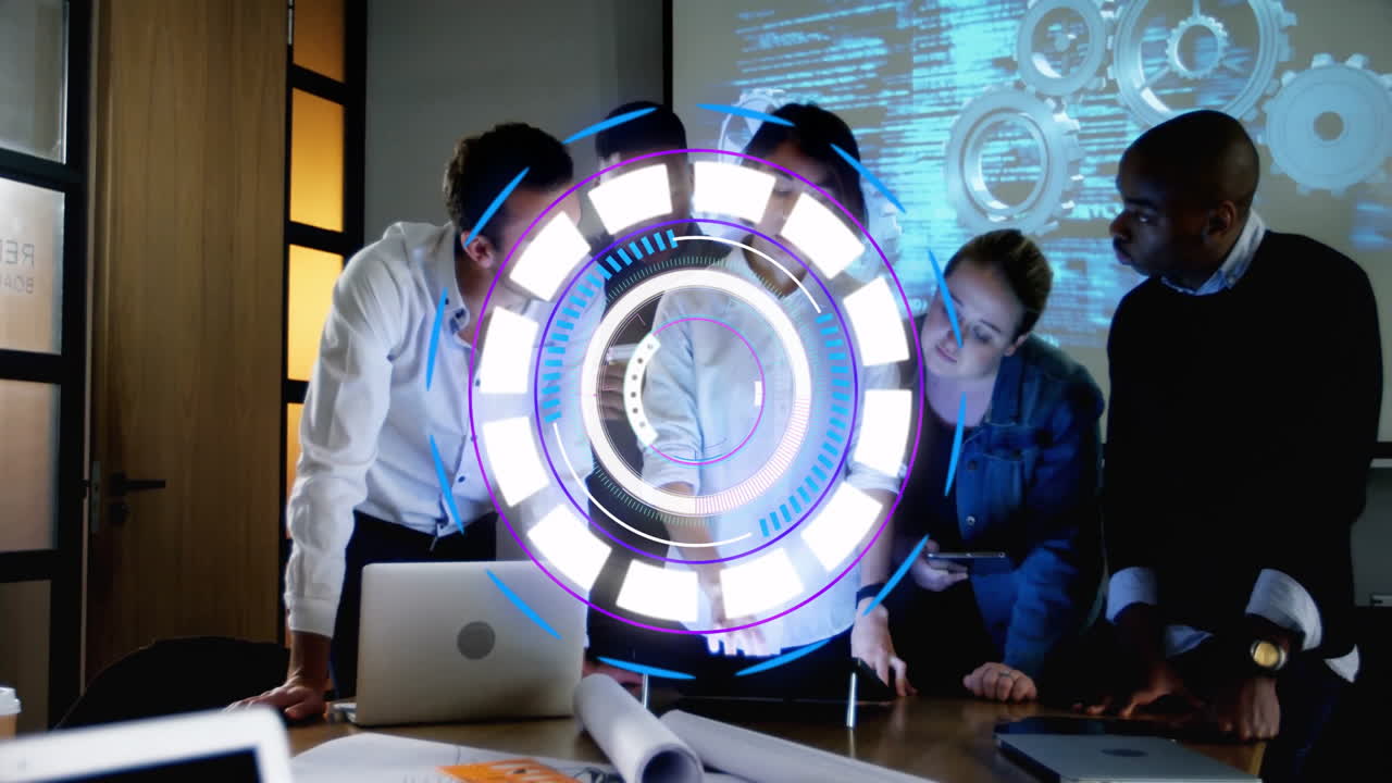 In modern office, diverse team collaborating with futuristic digital interface animation