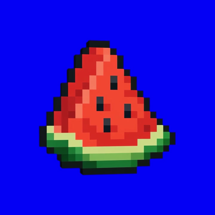Fetta di anguria in pixel art che ruota su sfondo blu
