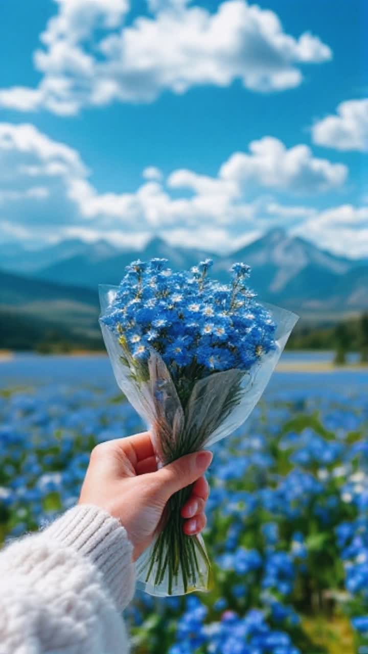 Hand holding a bouquet of blue flowers in a field of blue flowers, mountains and sky in background