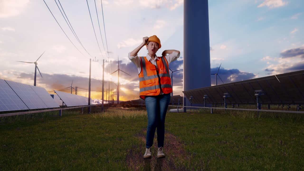 Full Body Of Asian Female Engineer With Safety Helmet Screaming Goal And Dancing Celebrating With Solar Panel and Wind Turbines
