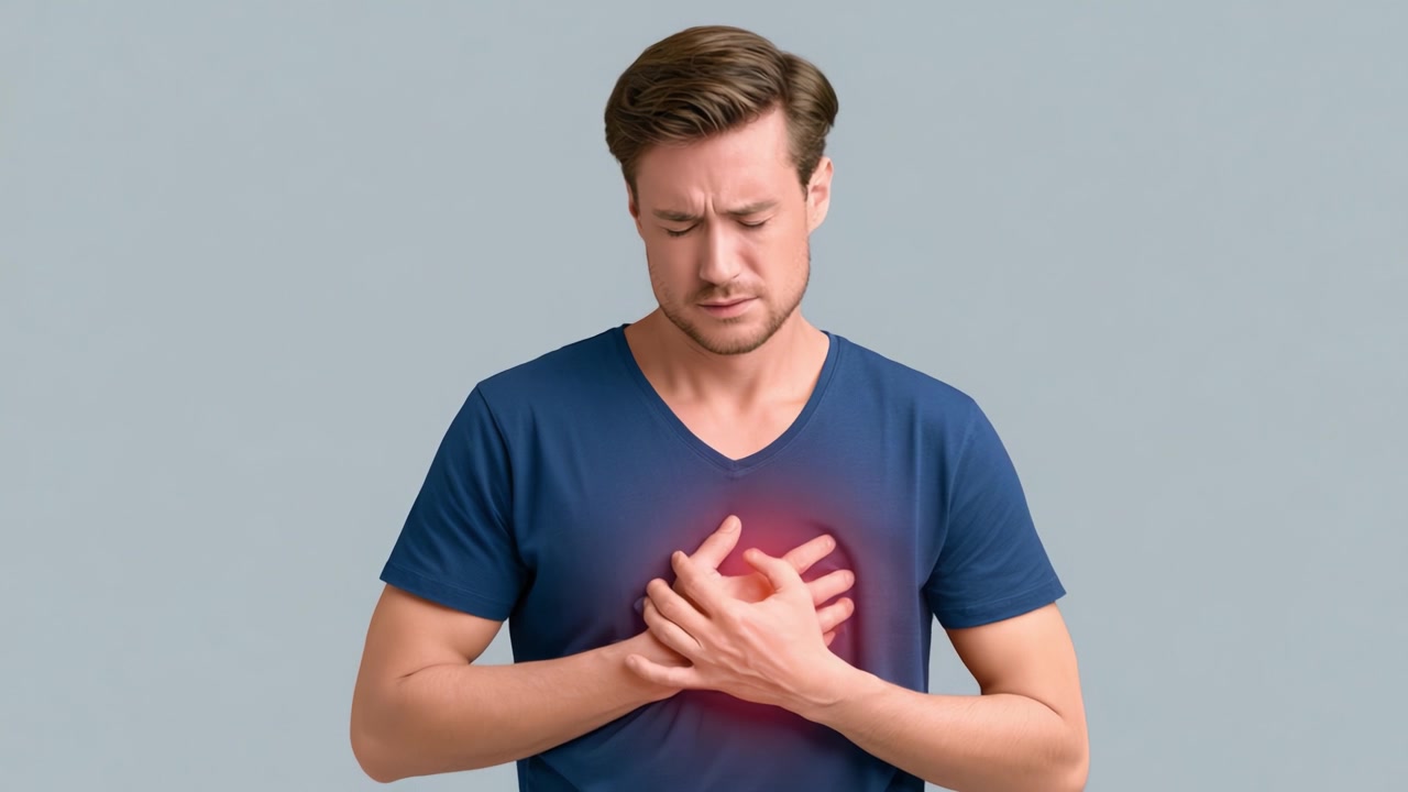 Một người đàn ông cảm thấy khó chịu trong khi ôm ngực, bày tỏ sự lo lắng cho sức khỏe và hạnh phúc của mình khi anh ấy đối mặt với cảm giác lo âu và bất an