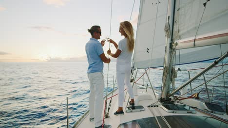 pareja navegando en yate al atardecer