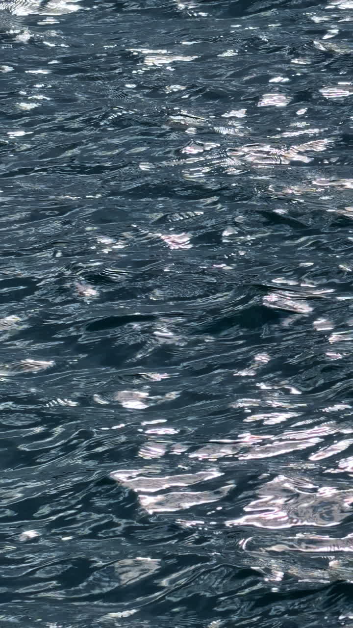 Acqua dell'oceano increspata di colore blu scuro con riflessi solari scintillanti. Texture ad alto contrasto della superficie dell'acqua di mare scura con bagliori di luce solare bianca e brillante sparsi.