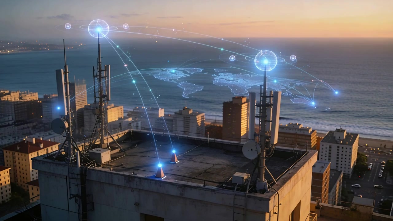 Animazione di antenne e parabole telco sui tetti, segnale in arrivo che attiva nodi e fari globali al tramonto