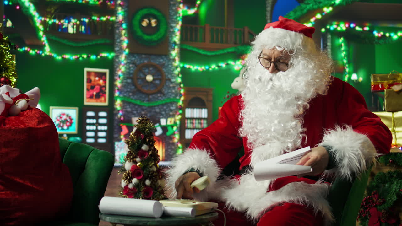 산타클로스가 전화통화를 하고 있습니다.