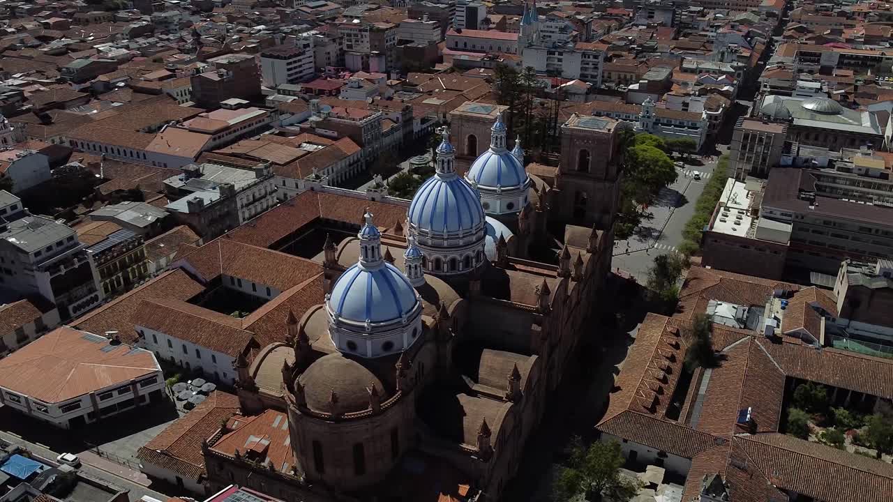 Aerial orbit ofCatedral de la Inmaculada Concepción. in Cuenca Ecuador. Cathedral of Immaculate Conception in Cuenca Ecuador.