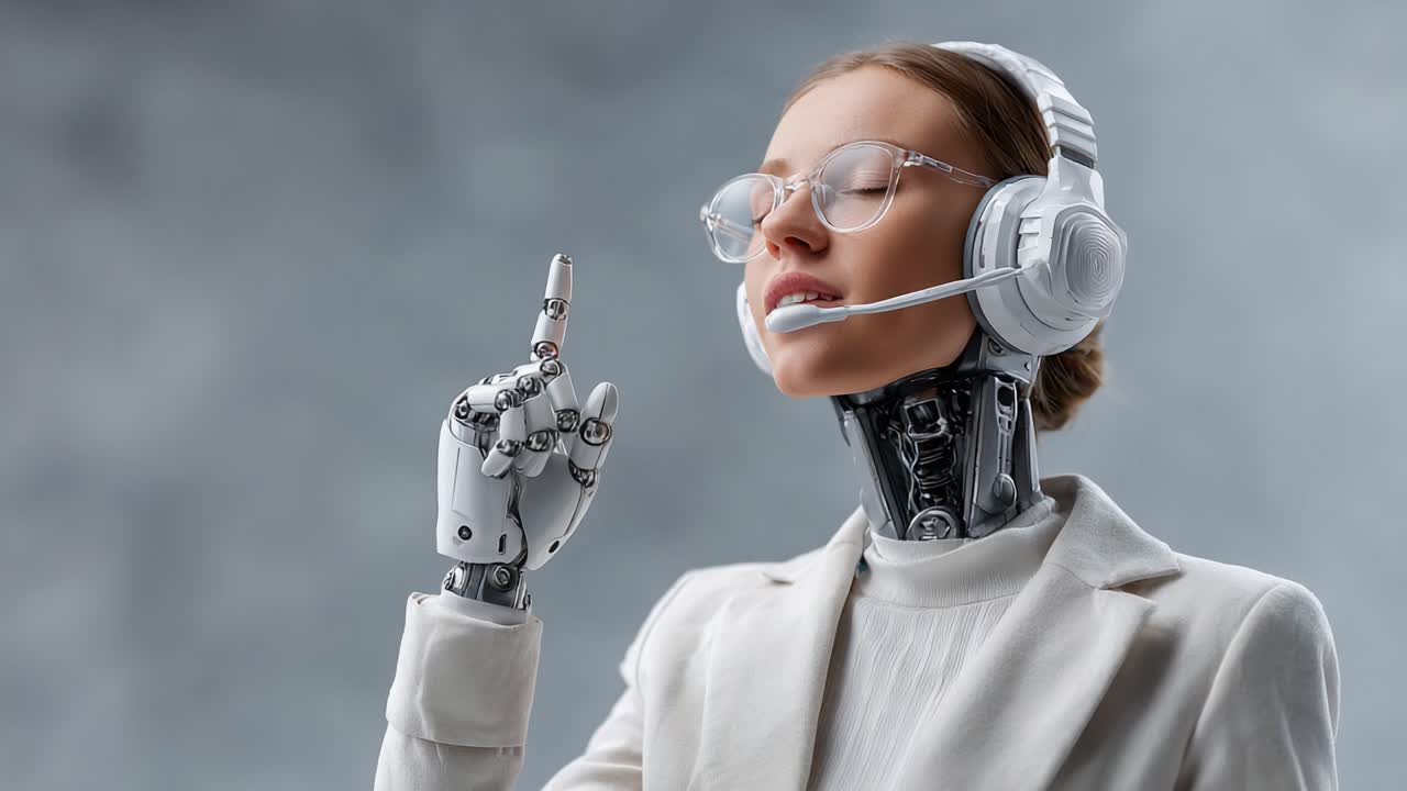 A Futuristic Robotic Character Engaged in Thoughtful Conversation Using Advanced Technology Headset and Expressive Body Language