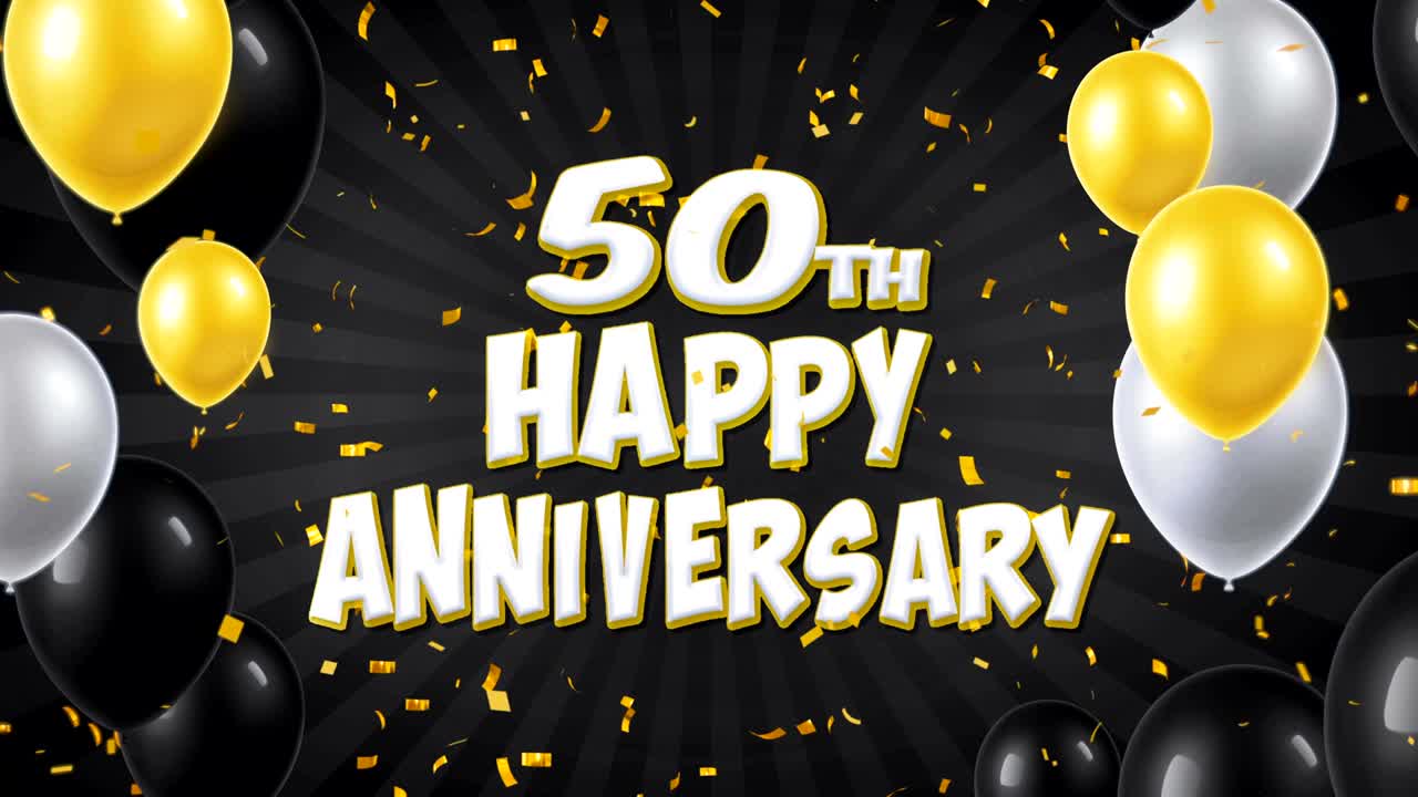 50 aniversario feliz texto negro con confeti dorado cayendo y partículas de brillo, coloridos globos voladores animación de bucle sin fisuras para el saludo, tarjeta de invitación, fiesta, celebración, festival.