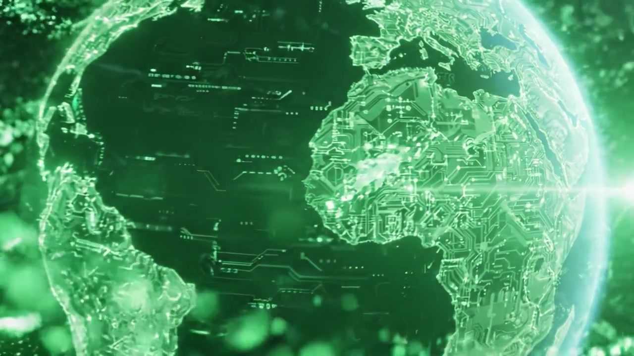 A Mesmerizing Visualization of Earth Surrounded by a Whirl of Digital Green Energy, Illustrating the Connection Between Nature and Technology in a Futuristic Context