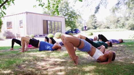 instructora que dirige una clase de yoga al aire libre