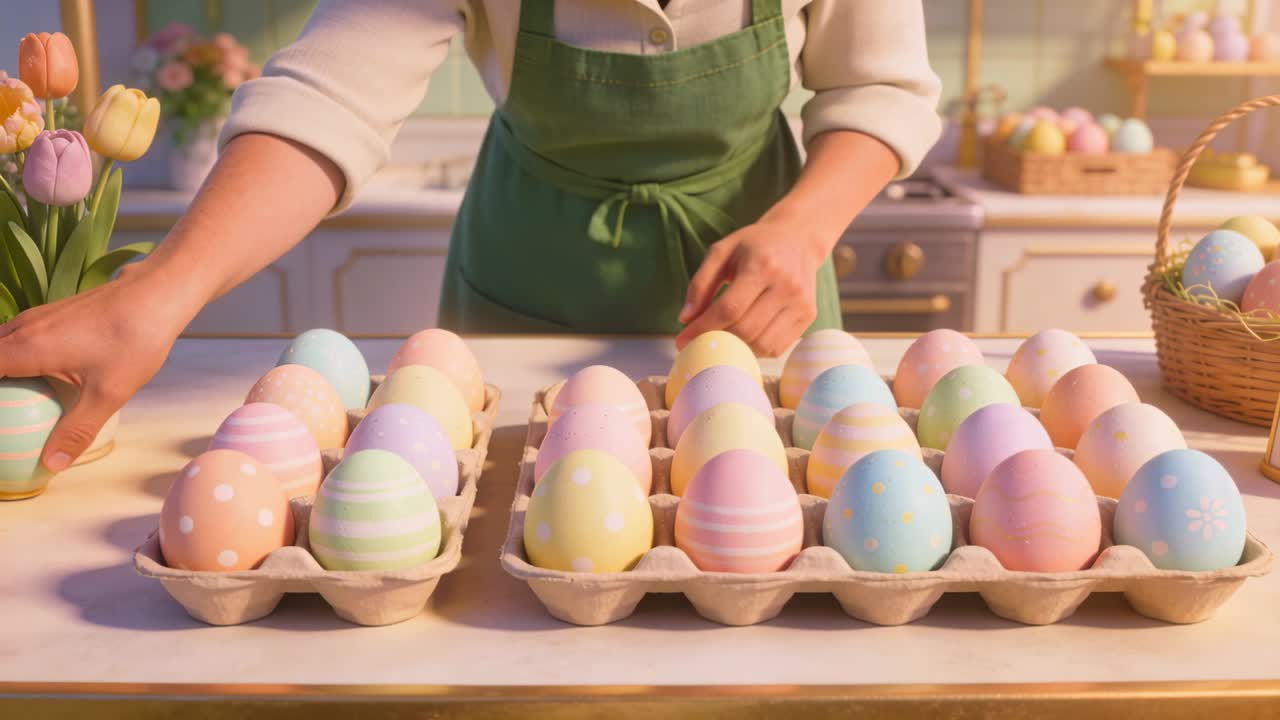 Placing eggs in center-tray, woman in green apron shifting pastel eggs across three trays for decor
