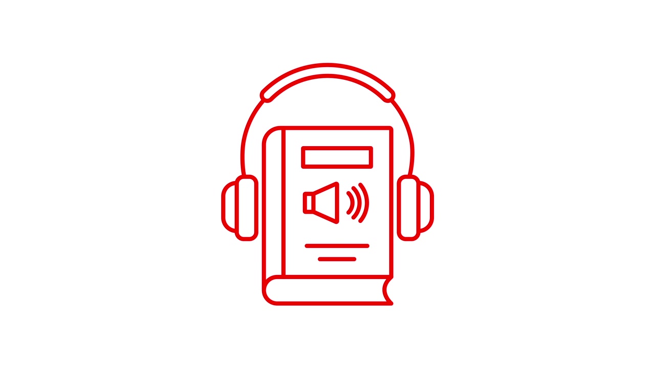Animazione concettuale di audiolibro con cuffie e sagoma di libro.