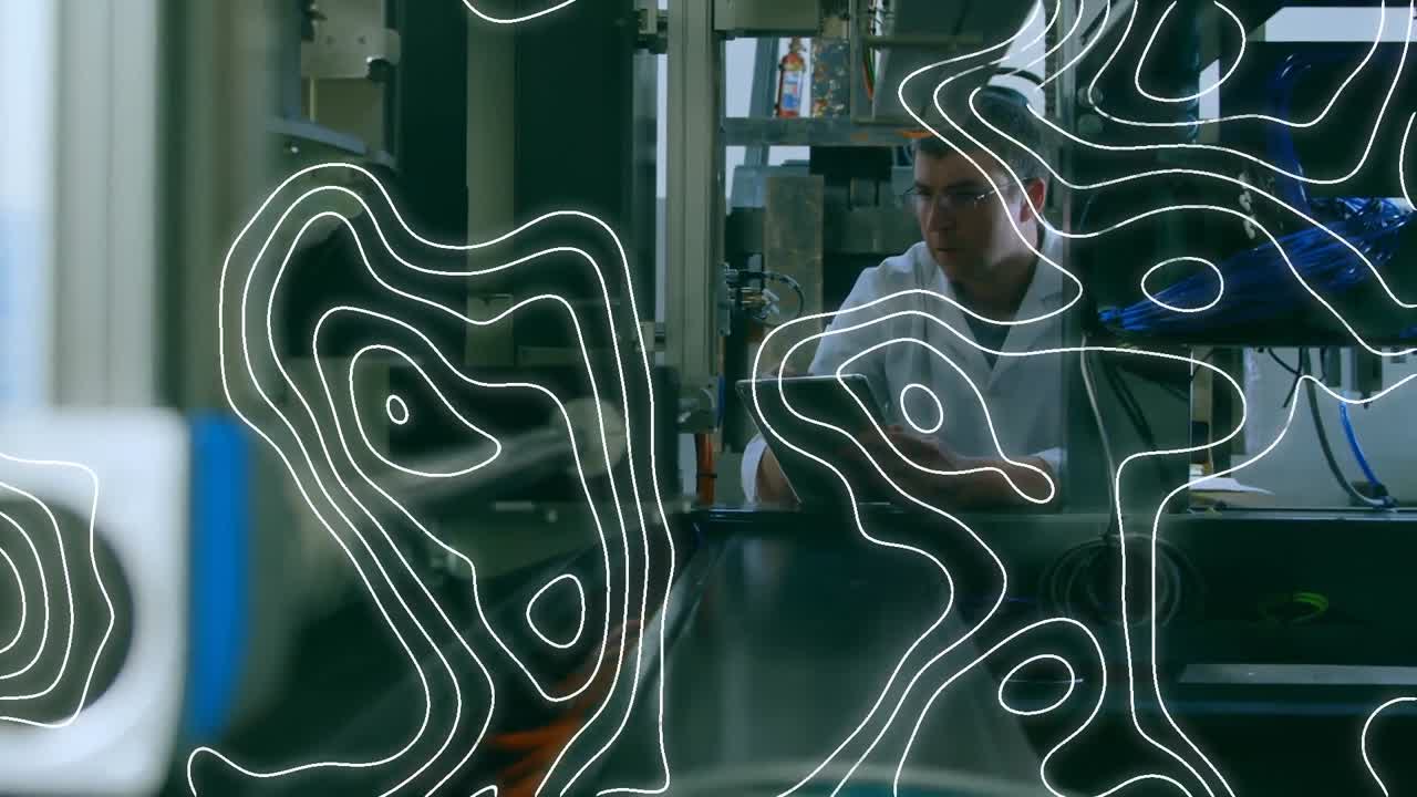 Animazione di linee bianche su scienziato con robot e tablet