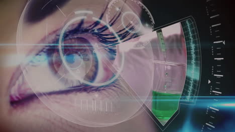 animación de la red de conexiones con pantallas digitales sobre el ojo de la mujer