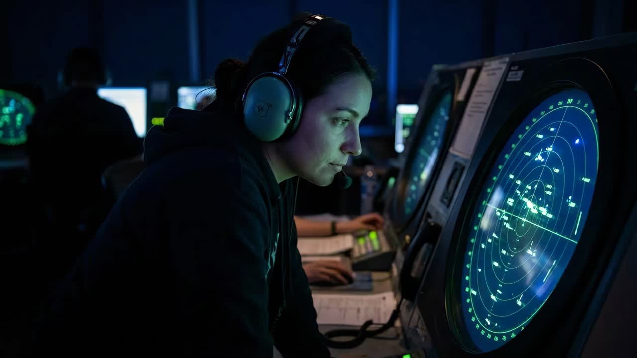 Woman Working at Radar Screen in Control Room
