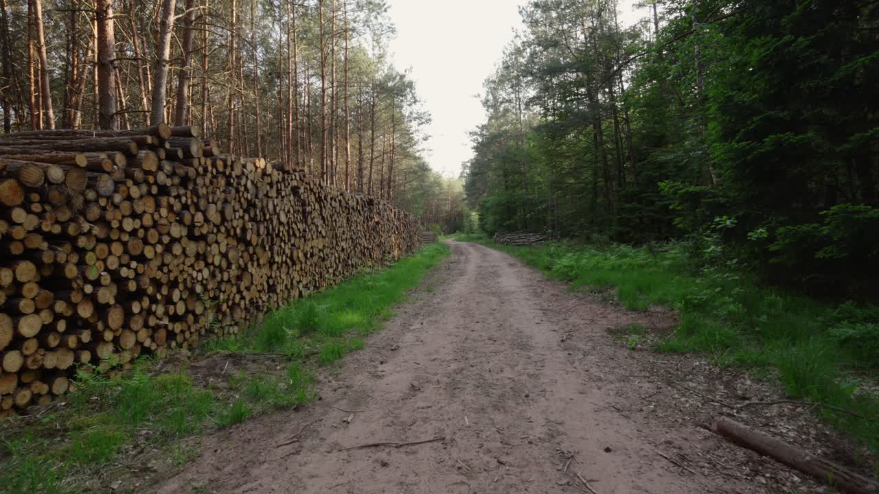 árboles cortados con una gran pila de madera en el borde del bosque, disparo en cámara lenta