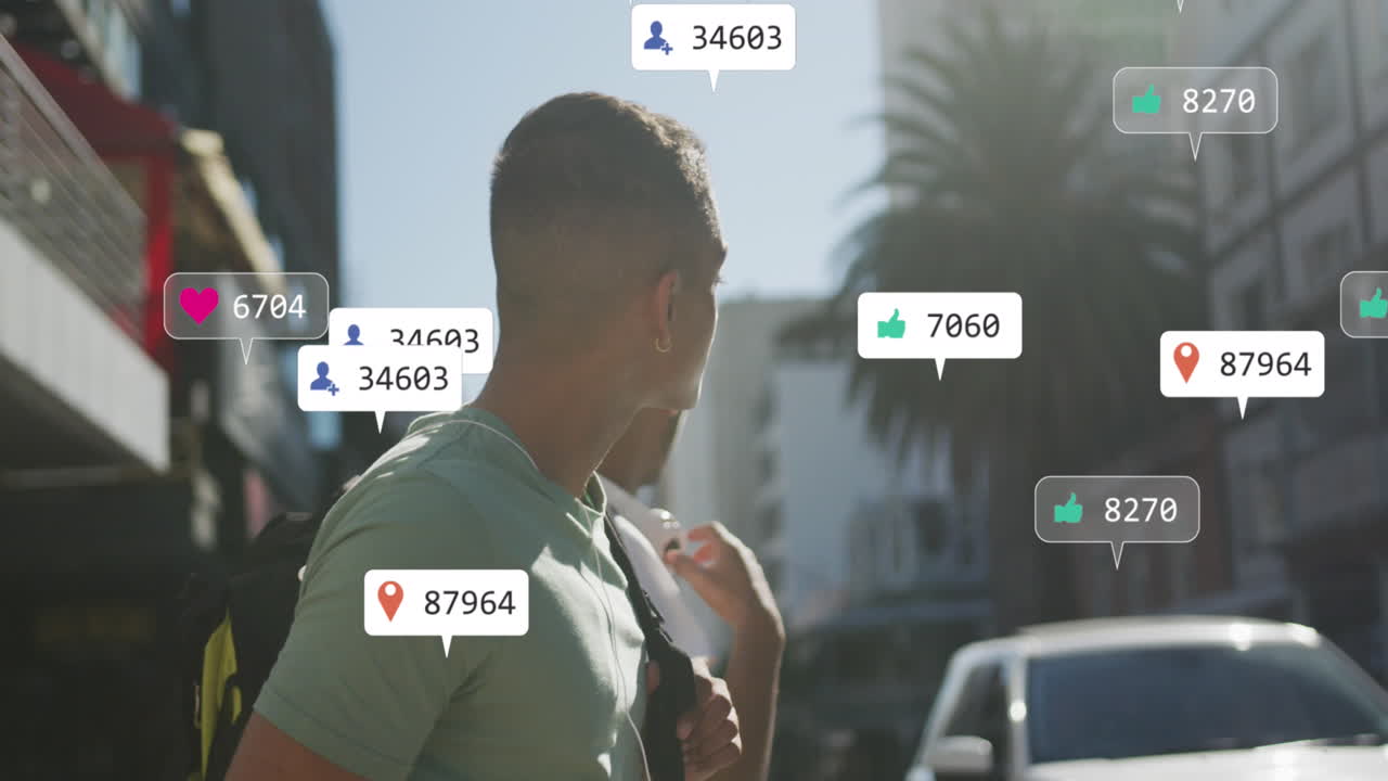 Animation of multiple notification bars over diverse friends waving hands to stop cab