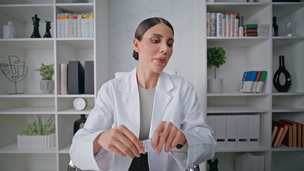 Healthcare professional presenting medication to webcam in clinic office closeup