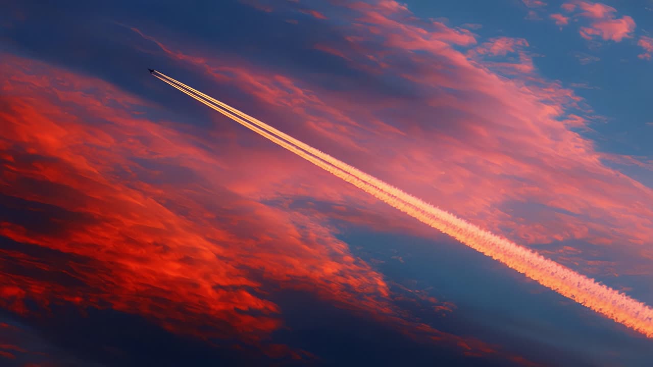 A majestic view of a high-flying aircraft leaving a streak of vapor trails across a colorful sky filled with vibrant hues of orange and blue during a breathtaking sunset