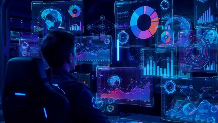 Data Analyst Monitoring Complex Digital Information in Futuristic Control Room
