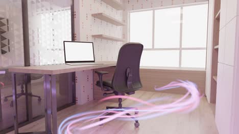 3D-Animationsgrafik-Illustration-Des-Schreibtischraums-Und-Der-Inneneinrichtung-Im-Home-Office,-Wirbelnde-Lichtenergieströmung