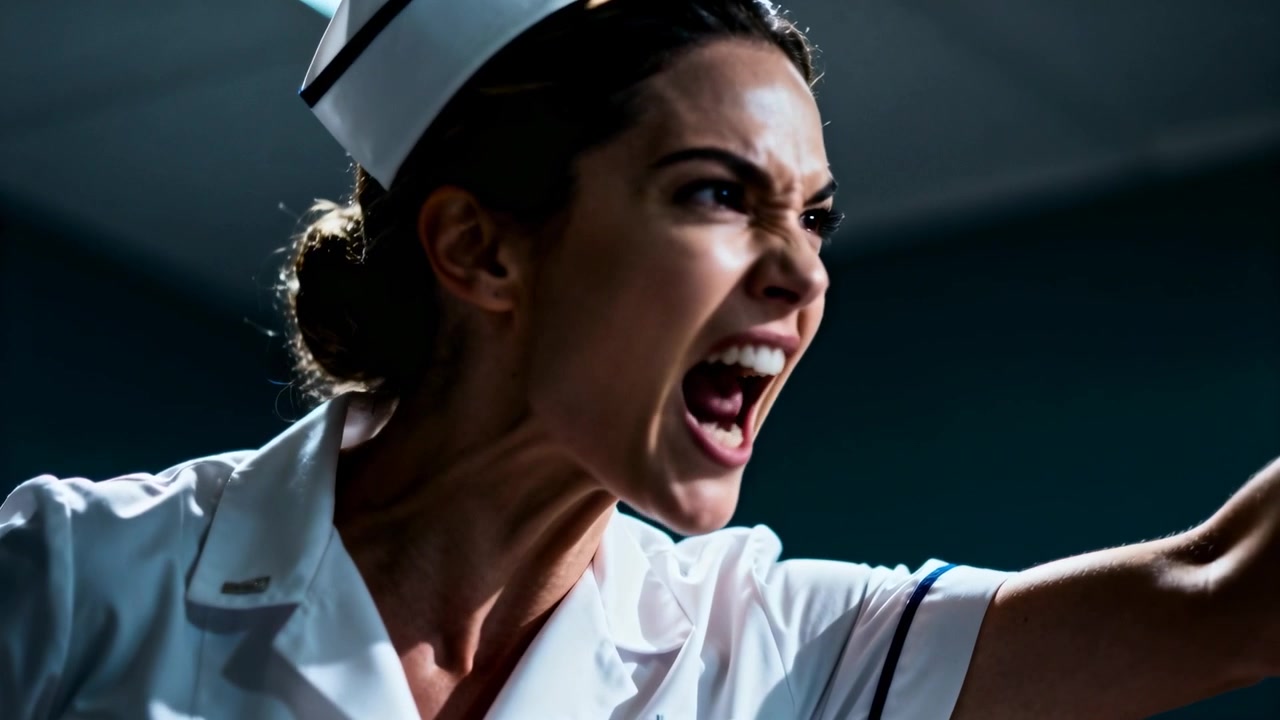 Raising arm and shouting, nurse wearing cap and tunic scolding off-frame staff in hospital, pens