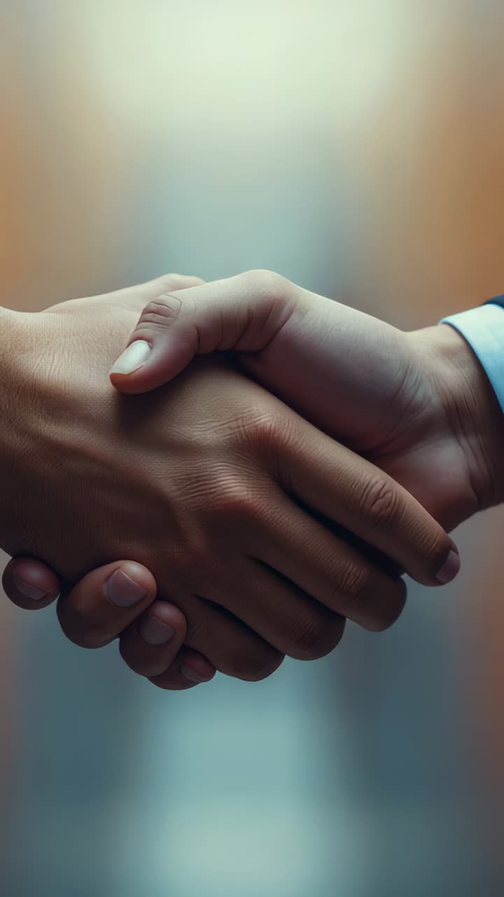 Vertical video: Meeting, shaking adults' hands gripping, releasing in hall with suit cuff and nails