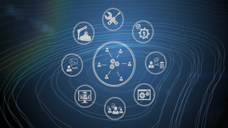 Animation of circular scanners and business and network icons processing over contours on dark blue