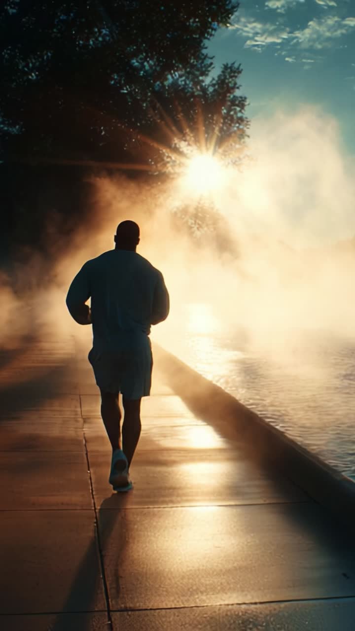 A solitary runner moves through a misty park at sunrise, embracing the tranquility and beauty of nature while jogging along the water's edge in the early morning
