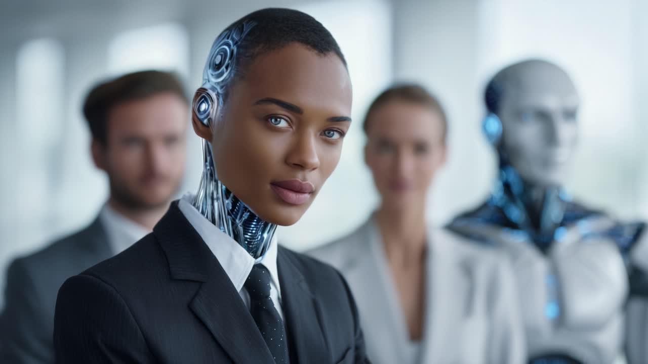 Integrazione futuristica uomo-robot: una scena professionale con un cyborg dotato di tecnologia avanzata in un ambiente aziendale, che evidenzia innovazione e collaborazione.