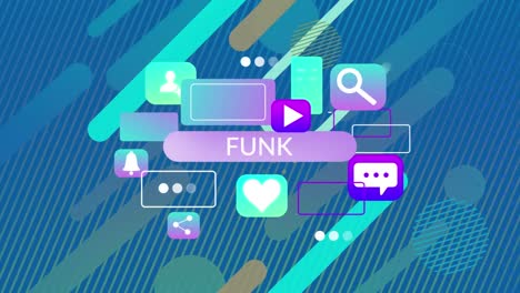 animación de texto funk con iconos y formas sobre fondo azul
