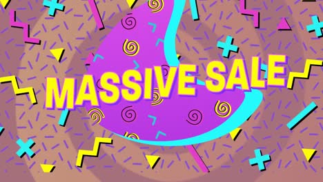 animación de texto de venta masivo sobre plantilla abstracta con símbolos de plus, menos y flecha