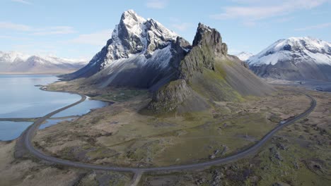 aerial view of the eystrahorn mountains and the ring road in iceland