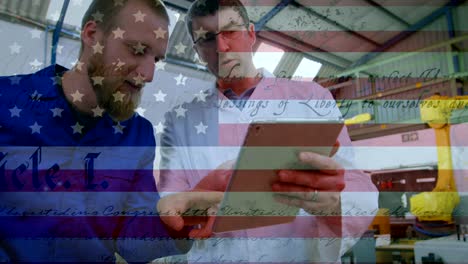 animation of american flag waving over man in the background