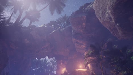 rutas estelares de hiperlapso de 4k sobre paredes y palmeras de cañones de piedra arenisca