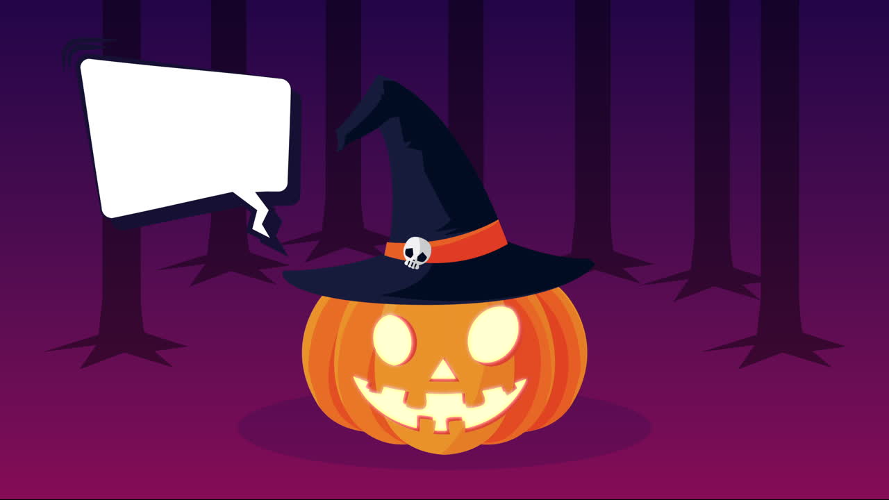 calabaza de halloween con sombrero de bruja en un bosque