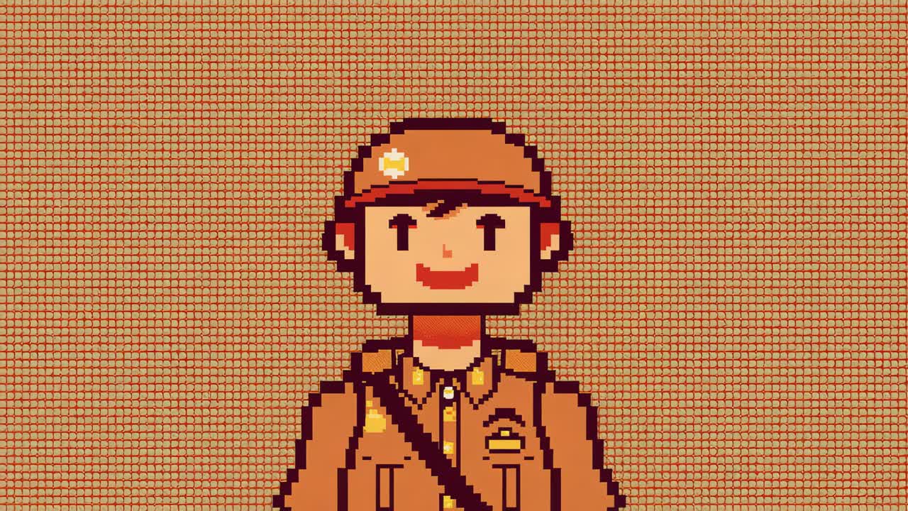 Idle-looping postman bobbing while holding arms raised at warm tiled backdrop, satchel and cap