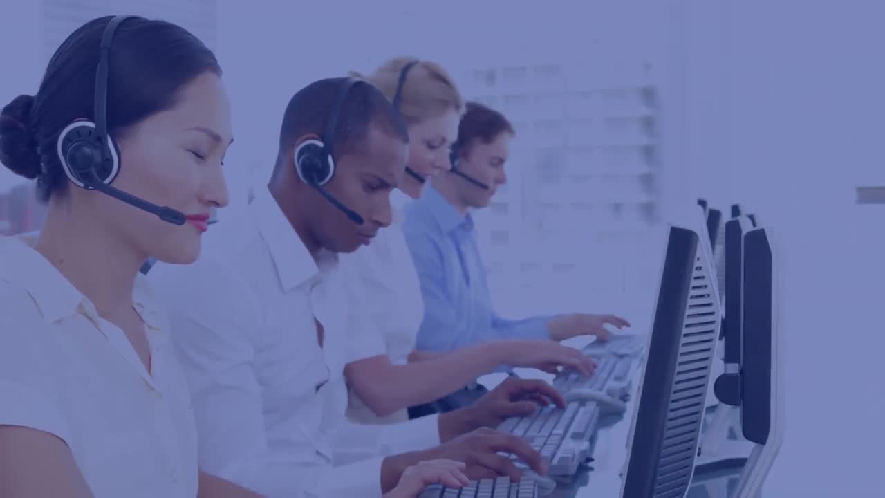 Animation of processor circuit board over business people using phone headsets