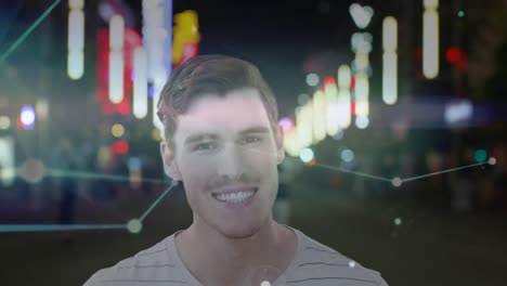 animación de empresario caucásico y red de conexiones sobre el paisaje urbano