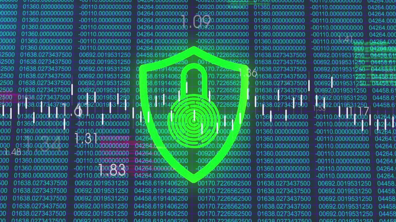 검은색 배경에 있는  ⁇ 락 아이콘 위에 있는 금융 데이터 처리 애니메이션
