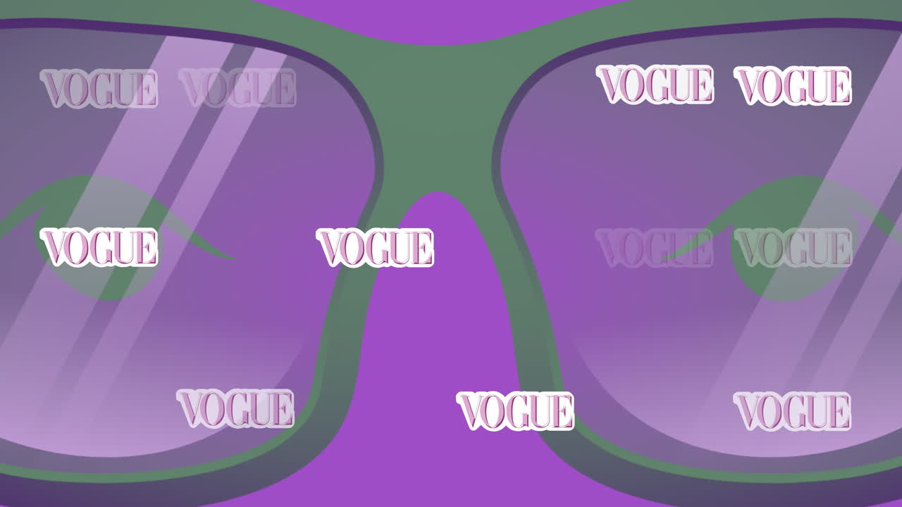 animación de iconos de gafas y textos de moda en fondo púrpura
