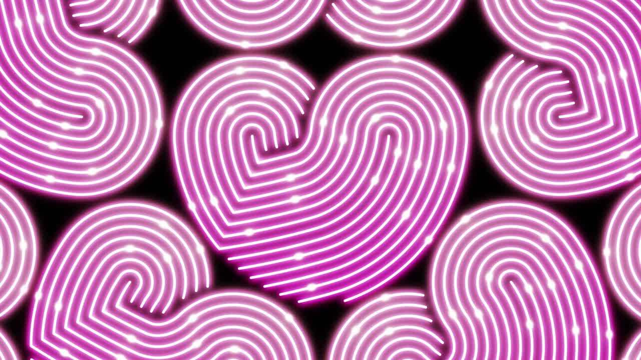 Heart neon line lighting moving pattern pink color, technology network digital data transfer, Valentine's Day concept design, glowing on black background seamless looping animation 4K with copy space