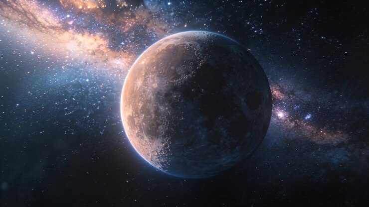 Rotating from slight motion rocky planet revealing more lit limb in space, with galactic band