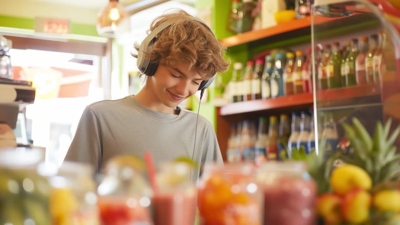 A young boy wearing headphones in a juice bar
